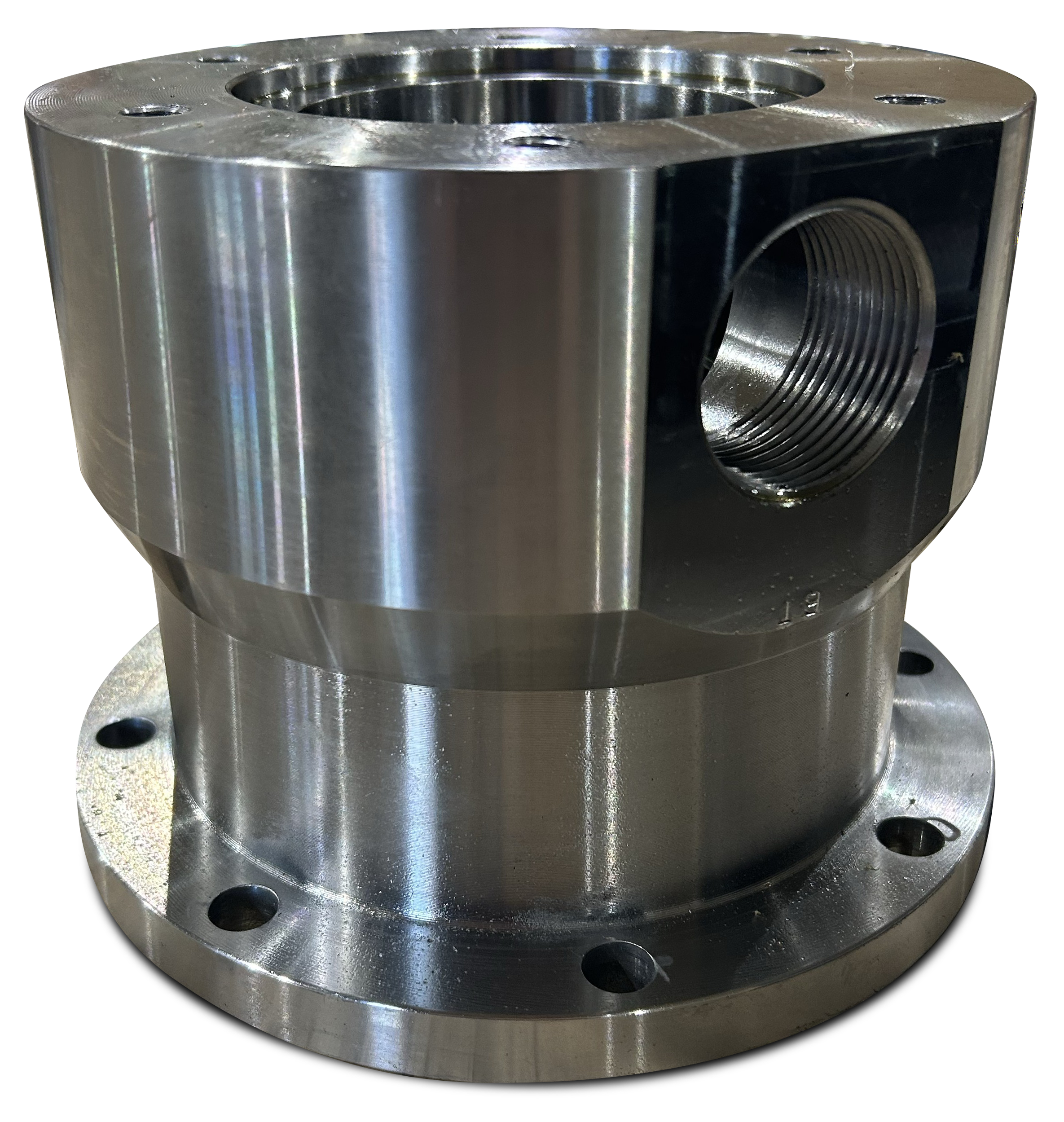 A shiny, cylindrical metal part with a flanged base, multiple bolt holes, and a threaded side opening, possibly used in industrial machinery or piping systems.
