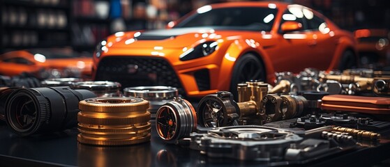 A bright orange sports car is parked in a garage, with various shiny car engine parts and tools neatly arranged on a table in the foreground.