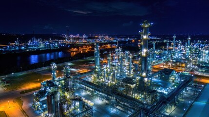 A brightly lit industrial refinery complex at night with tall towers and pipes, glowing lights, and a distant city skyline in the background.