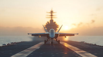 A fighter jet prepares for takeoff on an aircraft carrier at sea during sunrise, with the carriers silhouette visible in the background.
