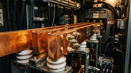 Close-up of an industrial electrical panel with large copper busbars, insulators, and cables, labeled for high-voltage distribution.