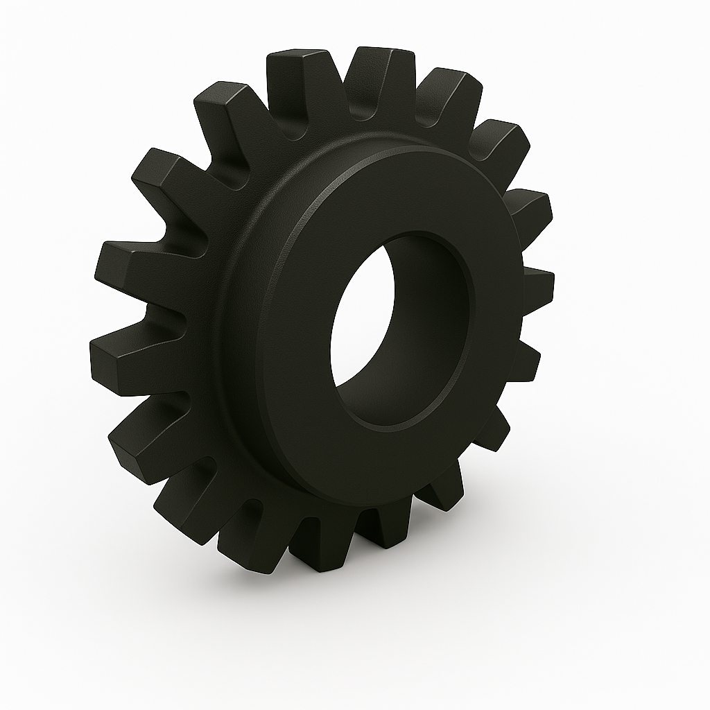 A single black gear with evenly spaced teeth is shown on a white background, viewed at an angle to display its circular center and three-dimensional shape.