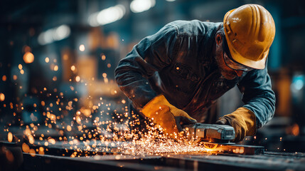 A worker wearing safety gear uses a grinder on metal, creating bright sparks in an industrial workshop setting.