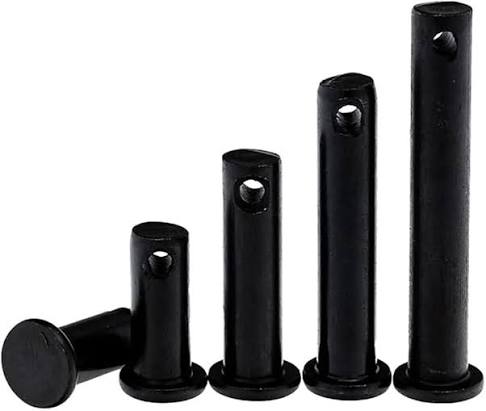 Four black metal dowel pins of varying heights, each with a flange at the bottom and a hole near the top, are lined up side by side on a white background.