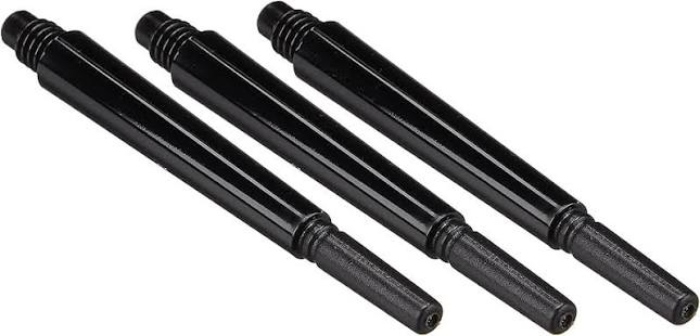 Three black plastic darts with threaded ends are arranged side by side on a white background, angled slightly to the left.