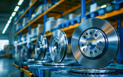 Metal brake discs are lined up in a row on a workbench inside a brightly lit industrial warehouse with shelves and equipment visible in the background.
