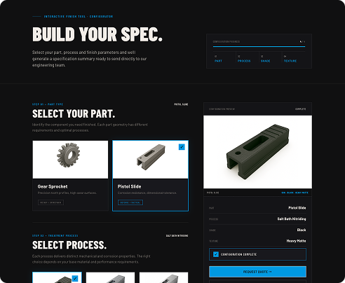 A dark-themed interface for an engineering tool called Build Your Spec. It shows options for selecting a part, with Pistol Slide highlighted, and steps for choosing processes and requesting a quote.