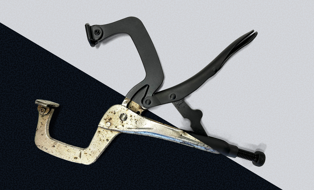 Two contrasting C-clamps, one old and rusted, one modern and black, are placed side by side on a split black-and-white background.