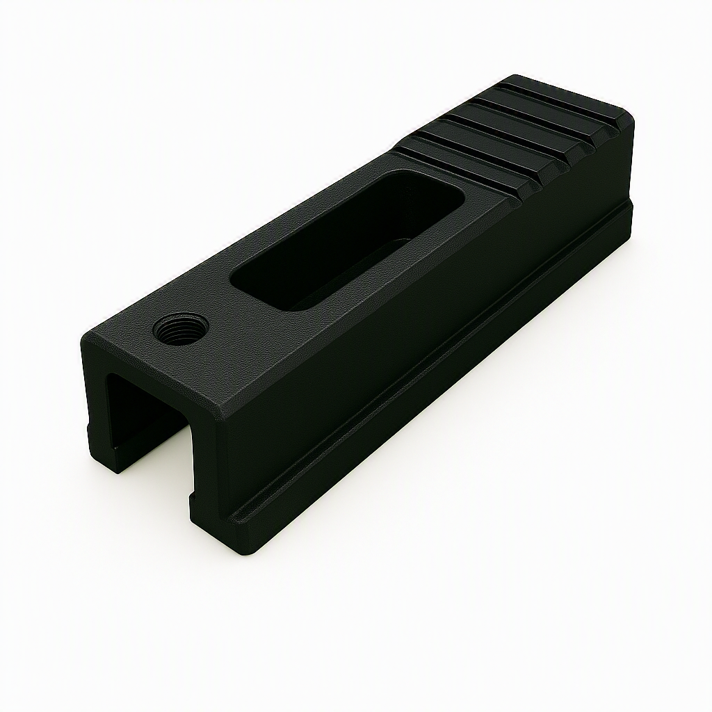 A black, rectangular metal bracket with a hollow center, grooved top surface, and a threaded hole on one side, placed on a white background.