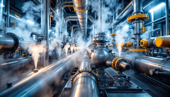 A futuristic industrial facility with large metal pipes and valves releasing steam, surrounded by bright lights and a clean, organized environment.