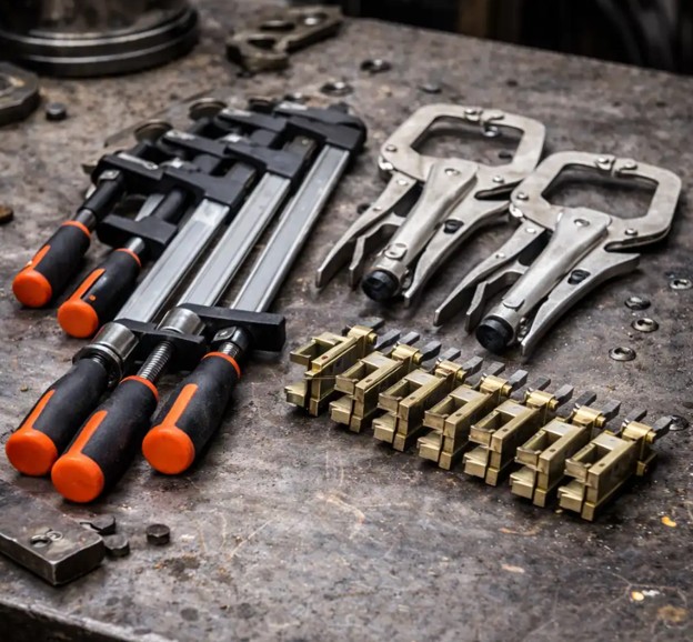 Four bar clamps, two locking pliers, and a row of brass hinges are arranged on a metal workbench with scattered bolts and metal pieces in the background.